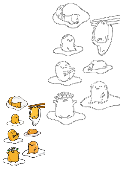 A collection of Gudetama lazy egg cartoon characters in various relaxed and playful poses, some colored, others as outlines.
