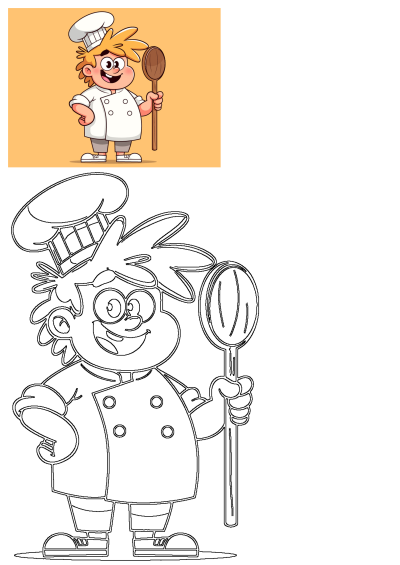 A happy cartoon chef with spiky hair, wearing a white hat and coat, holding a wooden spoon against an orange background.