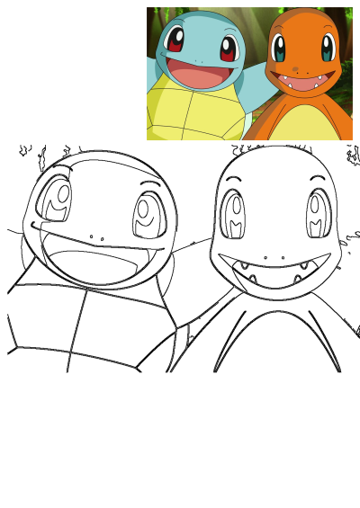 Smiling Squirtle and Charmander cartoon characters from Pokemon, displayed above their matching black outline drawings for reference.