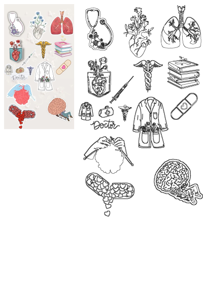 A vibrant collection of medical-themed stickers featuring floral anatomy, doctor's coat, stethoscope, heart, lungs, and brain on white background.