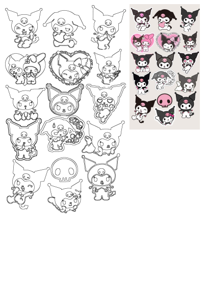 Adorable Kuromi sticker collection featuring various cute poses, alongside matching black outlines for crafts or digital use.