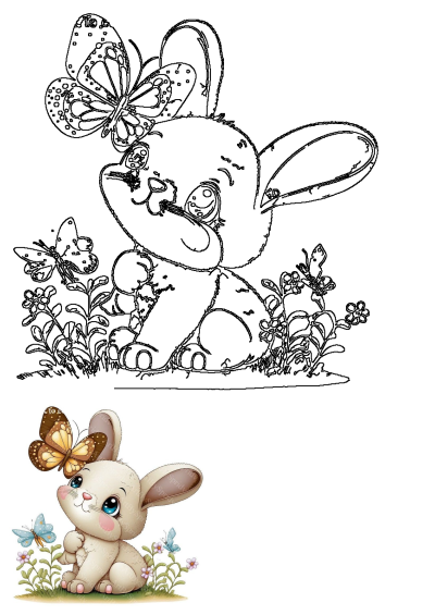 Charming cartoon bunny sits in grass with colorful butterflies and flowers, accompanied by a detailed black-and-white outline.