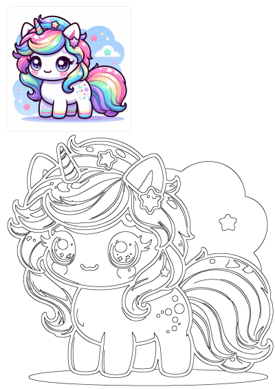An adorable chibi rainbow unicorn with sparkling eyes, a colorful mane and tail, alongside its black and white outline for coloring.