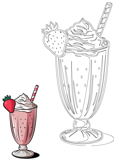 A delicious strawberry milkshake with whipped cream, a fresh strawberry, and a straw, shown in both vibrant color and detailed outline.