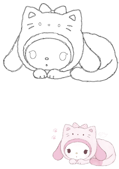 A cute My Melody character lies down wearing a pink cat hoodie. This image includes both a clear outline and a soft colored illustration.
