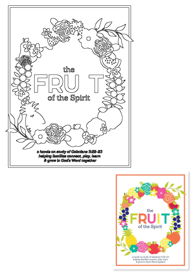 Colorful Fruit of the Spirit poster with floral fruit wreath and orange frame, alongside its black outline for Galatians 5:22-23 study.