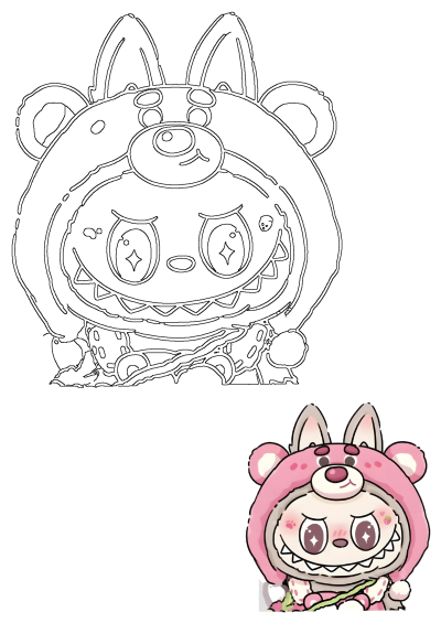 A cute cartoon character in a pink bear hoodie with sparkling eyes, rosy cheeks, and zig-zag mouth. Features a line art drawing and a colored reference.