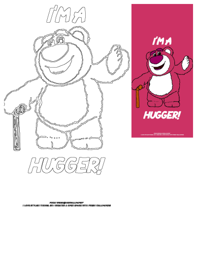 Lotso Huggin Bear cartoon character, shown as both a black outline line art and a vibrant pink wallpaper proudly proclaiming "I'M A HUGGER!"