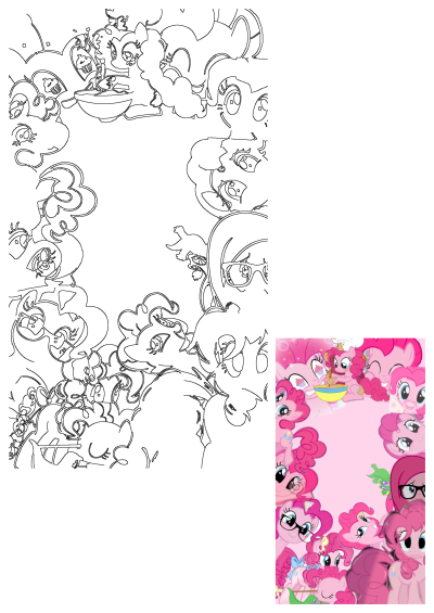 Detailed outline art of Pinkie Pie ponies in a lively party gathering. Features multiple Pinkie Pies, Gummy, and cupcakes, perfect for cartoon character fans.