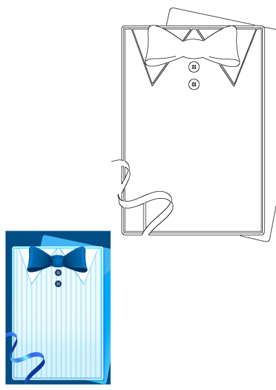 Elegant blue bow tie on a white striped shirt card design, accented with black buttons and a decorative blue ribbon, perfect for invitations or greeting cards.
