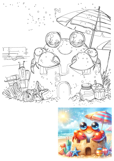 Vibrant cartoon crab sandcastle on a sunny beach with a striped umbrella, starfish, shells, sand toys, and refreshing drinks.