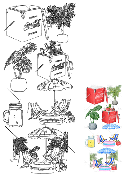 A vibrant watercolor summer scene featuring a Coca-Cola cooler, lush plants, striped umbrellas, beach chairs, a pool, and lemonade.