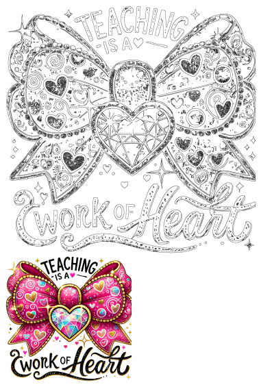 Decorative bow illustration with a faceted heart, smaller hearts, and the inspiring text 'Teaching is a Work of Heart'.