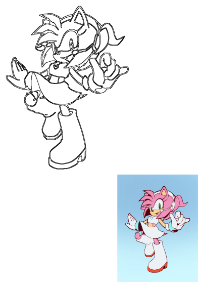 Amy Rose from Sonic the Hedgehog in a dynamic mid-air pose, flying with arms out, legs spread, and wearing a headset with a mic.