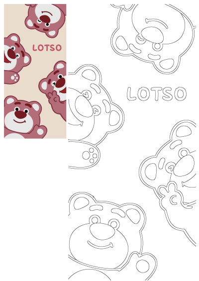 Lotso Strawberry Bear cartoon featuring pink characters and matching line art outlines, ideal for fan art or custom wallpaper designs.