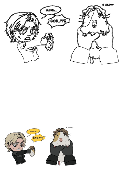 Humorous Marvel Thunderbolts fanart of Yelena Belova, shocked while holding a guinea pig. A larger, personified guinea pig greets her.