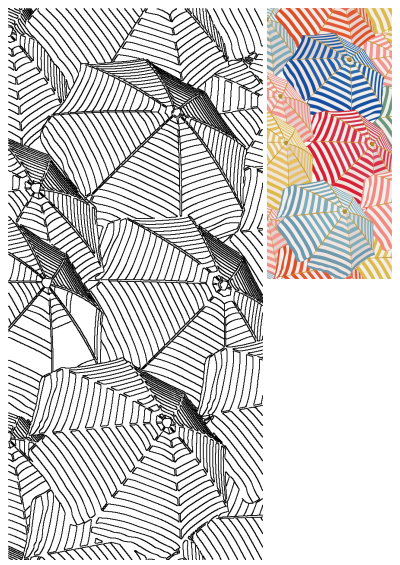 A vibrant, seamless pattern of colorful striped beach umbrellas overlapping, presented with a matching black and white line art version.