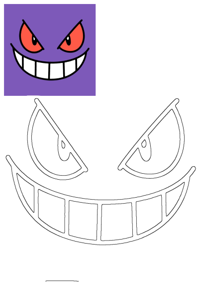 Gengar Pokémon evil cartoon face with striking red eyes on a purple background, accompanied by a matching outline template.