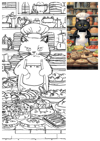 A whimsical black cat chef in a bustling kitchen scene, surrounded by baked goods, fresh fruits, and vegetables, ready to cook.