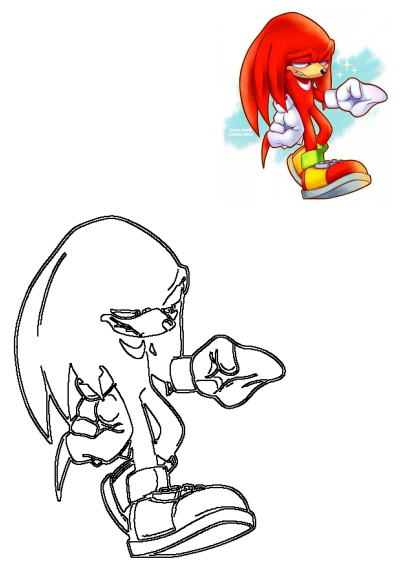 Knuckles the Echidna cartoon character fan art depicting a vibrant illustration of him pointing, alongside an outline version.