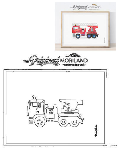 Vibrant watercolor red fire truck art print in a wooden frame, perfect for kids' rooms. Includes an outline drawing template.