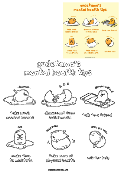 Gudetama Mental Health Tips Illustration shows a lazy egg character demonstrating practical self-care tips for mental well-being.