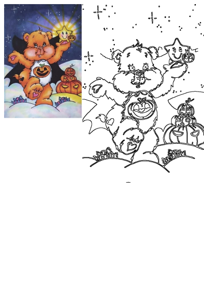 A cheerful Halloween Care Bear dressed in a vampire cape, holding a glowing star and pumpkin lantern, under a starry night sky.