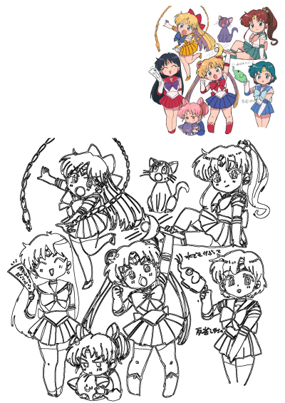 Chibi style Sailor Moon fan art collection featuring colorful and line art illustrations of the Sailor Scouts and cats in cute poses.