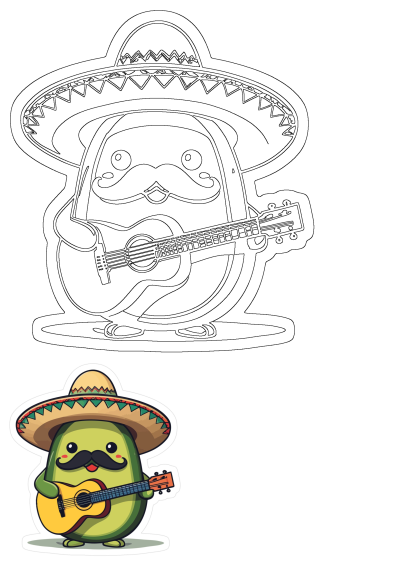 Cute avocado cartoon character with sombrero and mustache playing guitar. Features vibrant colored version and black and white outline.