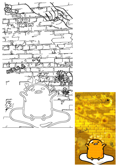 A cheerful yellow brick wall with graffiti art featuring a Gudetama-like egg, a buzzing bee, 'NO BAD DAYS' message, and sunflowers.