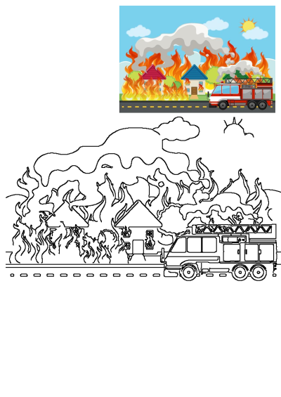 Illustration depicting a house fire emergency with multiple homes engulfed in flames and a fire truck responding to the scene.