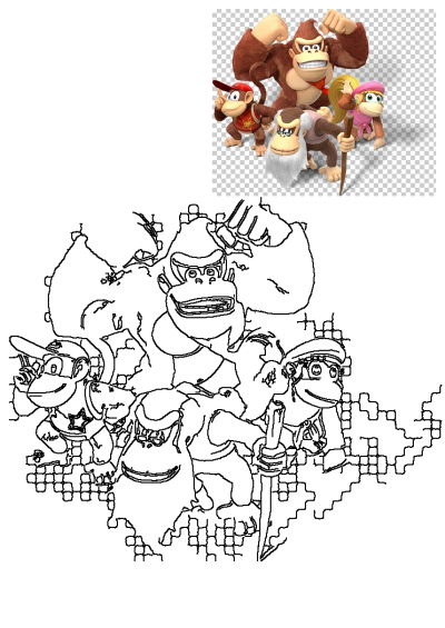 Donkey Kong, Diddy, Dixie, and Cranky Kong from the video game series, shown in a vibrant animated style and a clean line art outline.