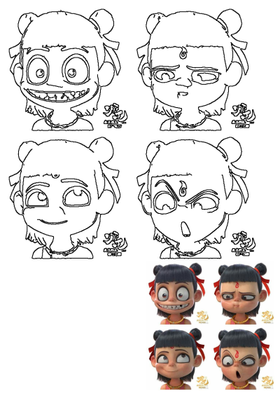 Nezha Reborn movie character facial expressions in both black outline sketches and vibrant color, showcasing various emotions.