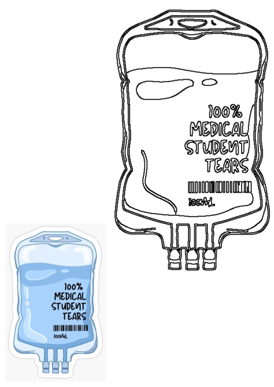 A humorous blue IV bag sticker labeled '100% Medical Student Tears' with a barcode and 100ML, ideal as a water bottle sticker.