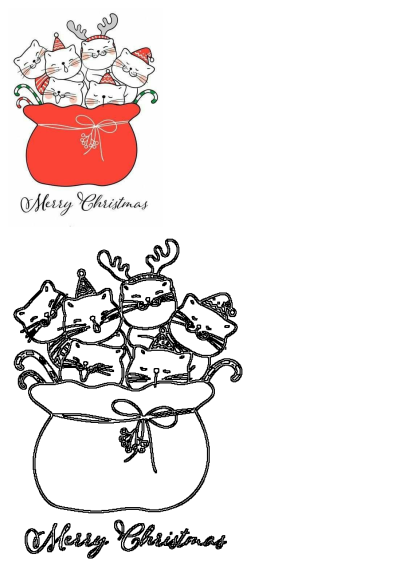 Christmas Cats In Bag Outline Colored Illustration Greeting. Features adorable cats in Santa hats and reindeer antlers.