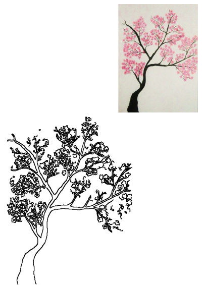 Vibrant cherry blossom tree drawing with pink flowers and a dark trunk, accompanied by a clean outline sketch for various artistic projects.
