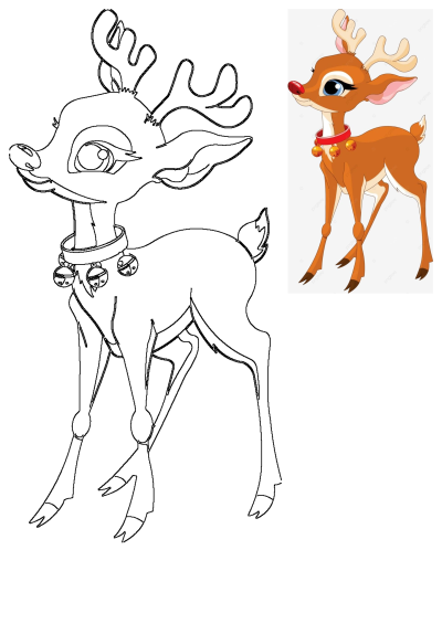 Rudolph the Red-Nosed Reindeer outline paired with a vibrant cartoon illustration, featuring red nose, antlers, and bell collar.