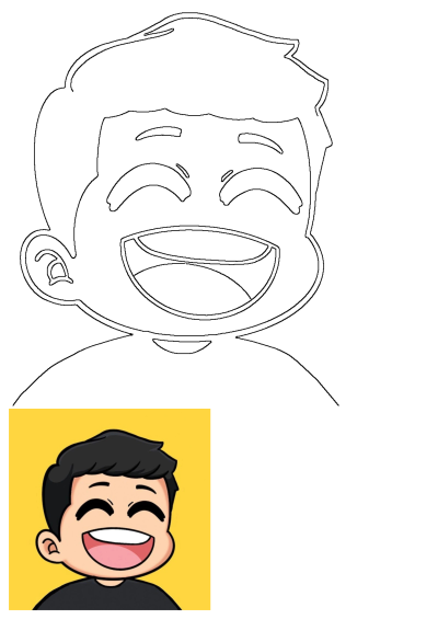 A cheerful cartoon man laughing loudly with black hair, white teeth, and pink tongue, shown as a black outline and a vibrant colored version on a yellow background.