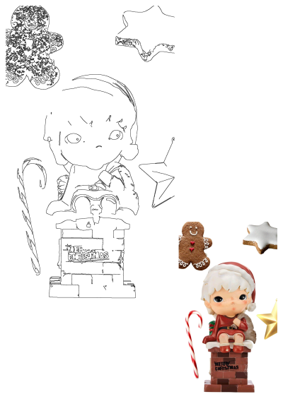 Christmas ornament featuring a cute Santa figure sitting on a brick chimney, surrounded by a gingerbread man, star cookie, and candy cane.