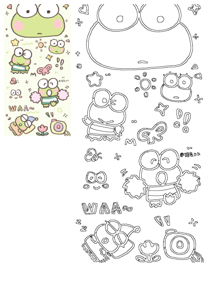 A whimsical illustration featuring cute Keroppi characters in playful poses, including outlines, stars, hearts, and flowers.