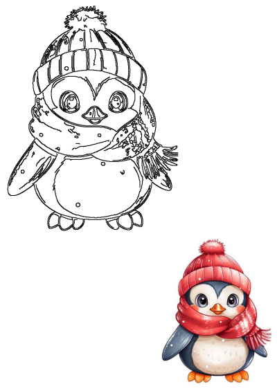 Charming winter illustration of a cute penguin wearing a red knitted hat and cozy scarf. Also features a black and white outline.