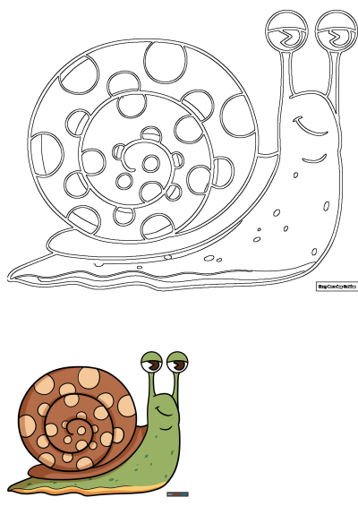 A cute cartoon snail illustration with a spiral shell, green body, brown shell with spots, and a happy face. Includes both line art and colored versions.