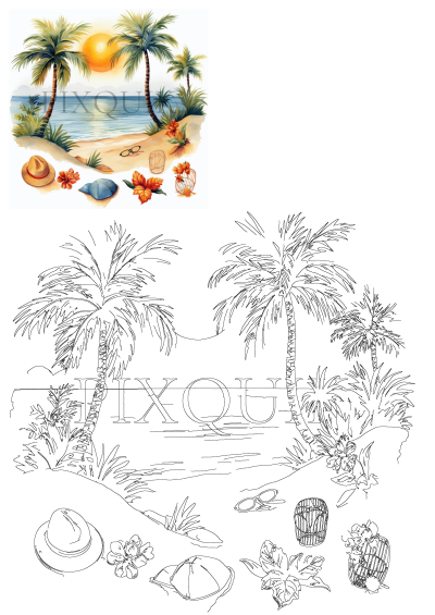 Watercolor of a sunny tropical beach with palm trees, ocean, sandy shore, a straw hat, baseball cap, sunglasses, and exotic flowers.