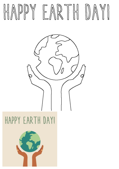 Happy Earth Day graphic featuring hands cradling a green globe with land masses, accompanied by the text 'HAPPY EARTH DAY!'. Celebrates earth care.