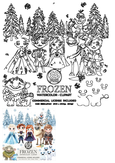 Frozen watercolor clipart set with Elsa, Anna, Kristoff, Olaf, Sven, and other characters in a festive snowy winter forest scene.