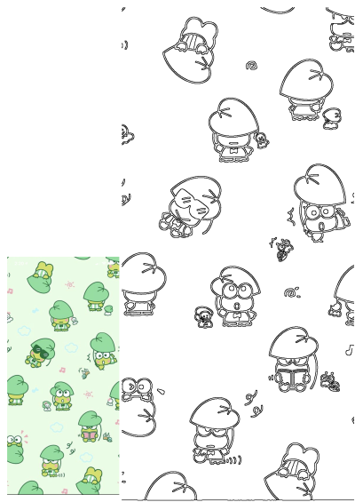 Light green seamless pattern with Keroppi wearing a leaf hat in various cute poses, including sleeping, reading, and wearing sunglasses.