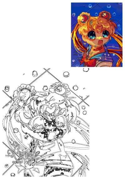 Adorable Sailor Moon chibi digital art featuring her signature blonde hair, blue eyes, and sailor fuku against a starry, bubbly blue background.