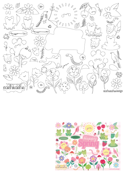 Cute pink Happy Spring clipart set featuring flowers, birds, frogs, strawberries, cherries, ladybugs, worms, and other spring nature elements.