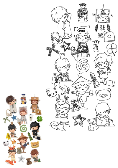 A diverse collection of Hirono collectible figurines with unique faces, arranged next to their corresponding line art sketches.