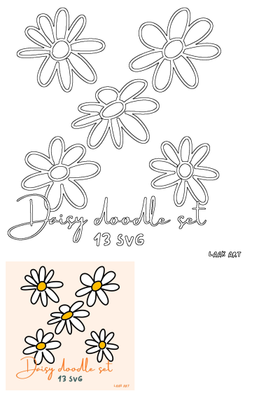 Hand-drawn daisy doodle SVG files set featuring black outline daisies and a colored version with white petals and yellow centers.